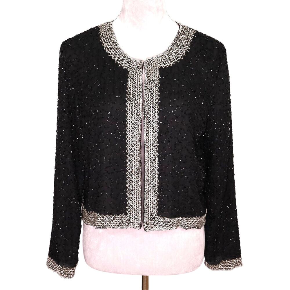 Stenay Jacket Petites PM MP Silk Black Silver Beading Crop Lined Formal Vintage